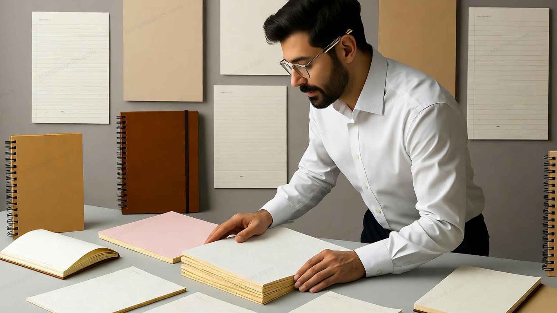 مرد جوانی با ظاهری مرتب در حال بررسی کاغذ تحریر روی میز کار چوبی در فضایی مینیمال و گرم