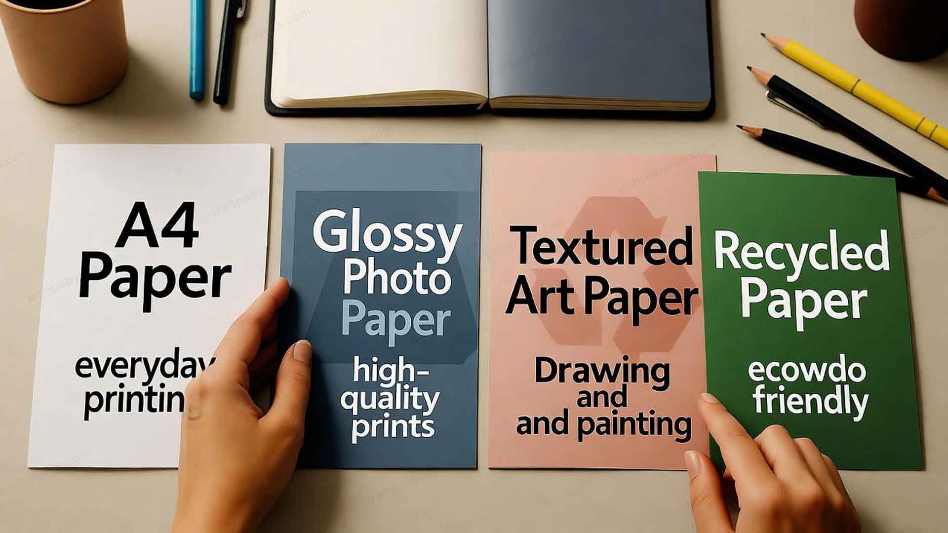 یک فرد جوان در حال انتخاب انواع کاغذ روی میز همراه با لوازم التحریر است.