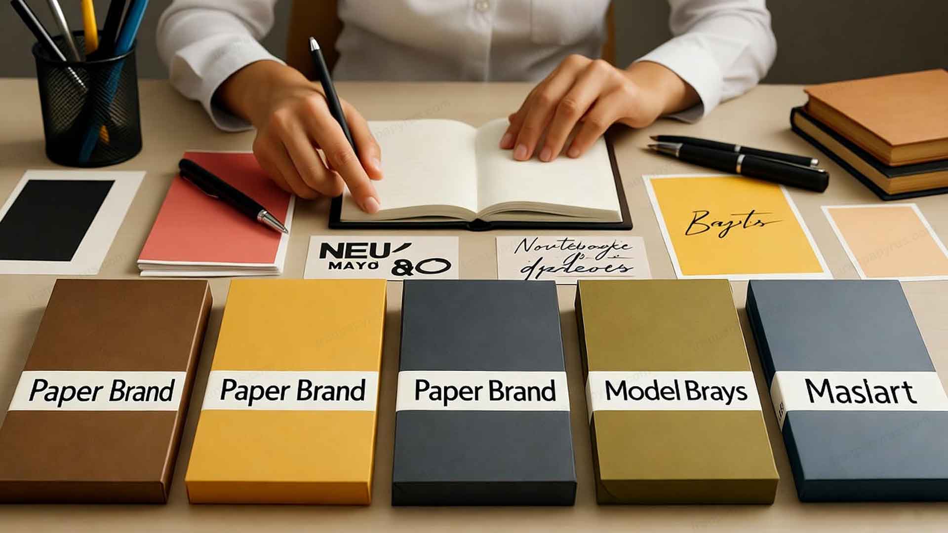 فردی در حال مقایسه برندهای مختلف کاغذ روی یک میز مرتب و مناسب کار است.