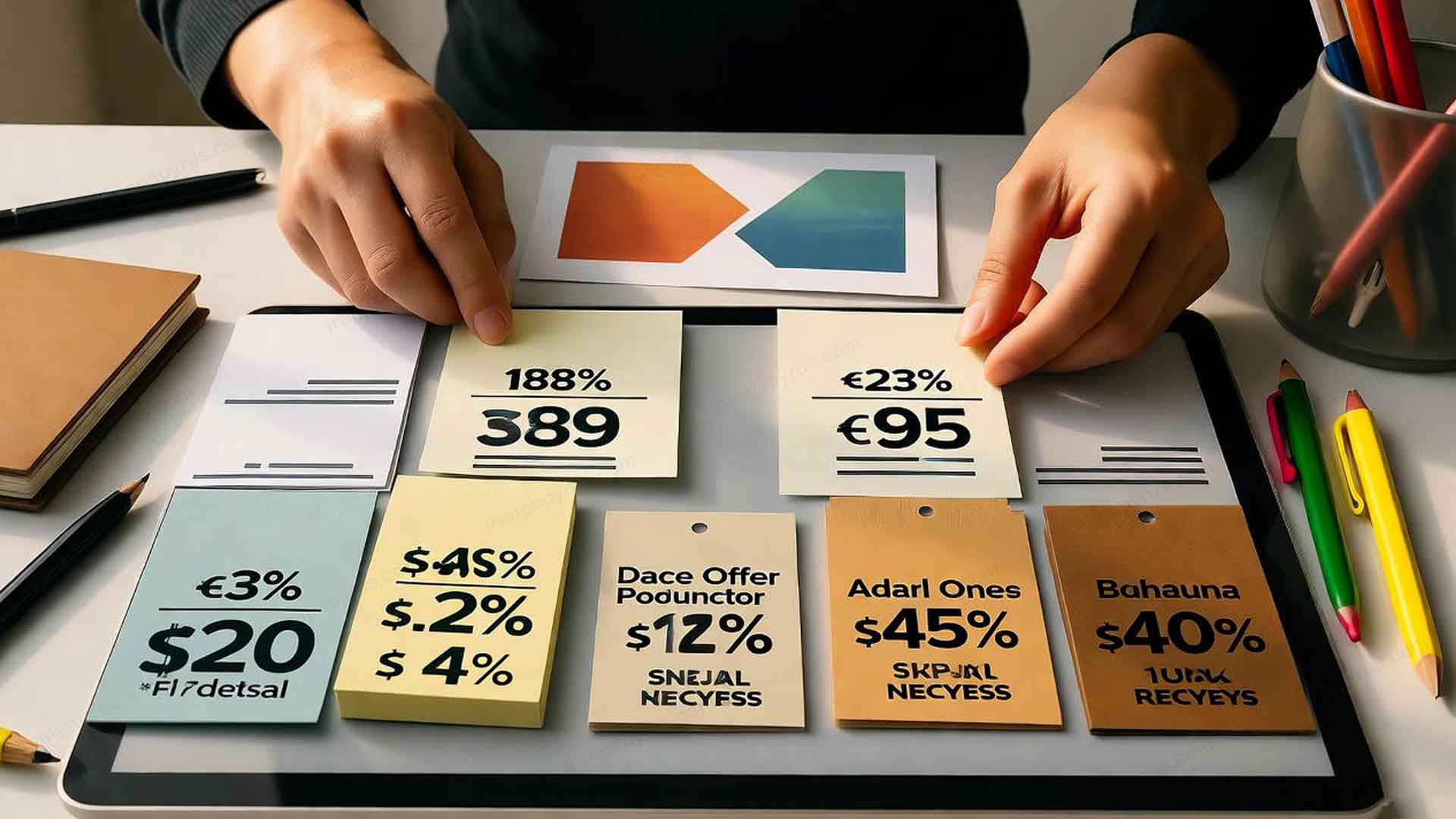 فردی در حال بررسی قیمت‌ها و تخفیف‌های انواع کاغذ روی میز یا دستگاه دیجیتال است.