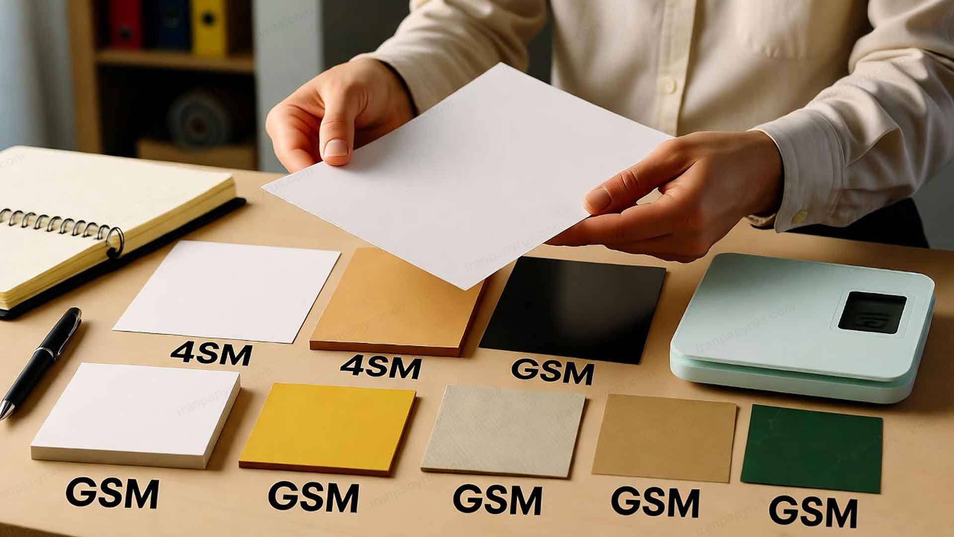 ک نفر در حال بررسی کاغذهای با ضخامت و وزن‌های مختلف روی میز مرتب شده است.