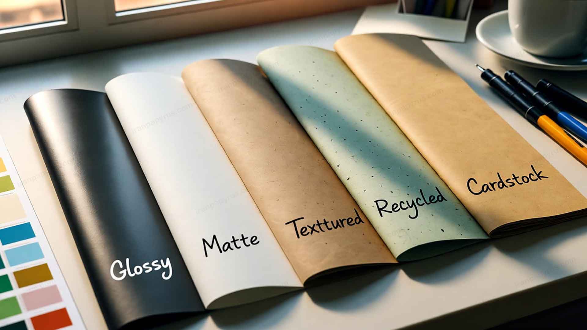 تصویر انواع کاغذ چاپ بر اساس جنس روی میز چوبی