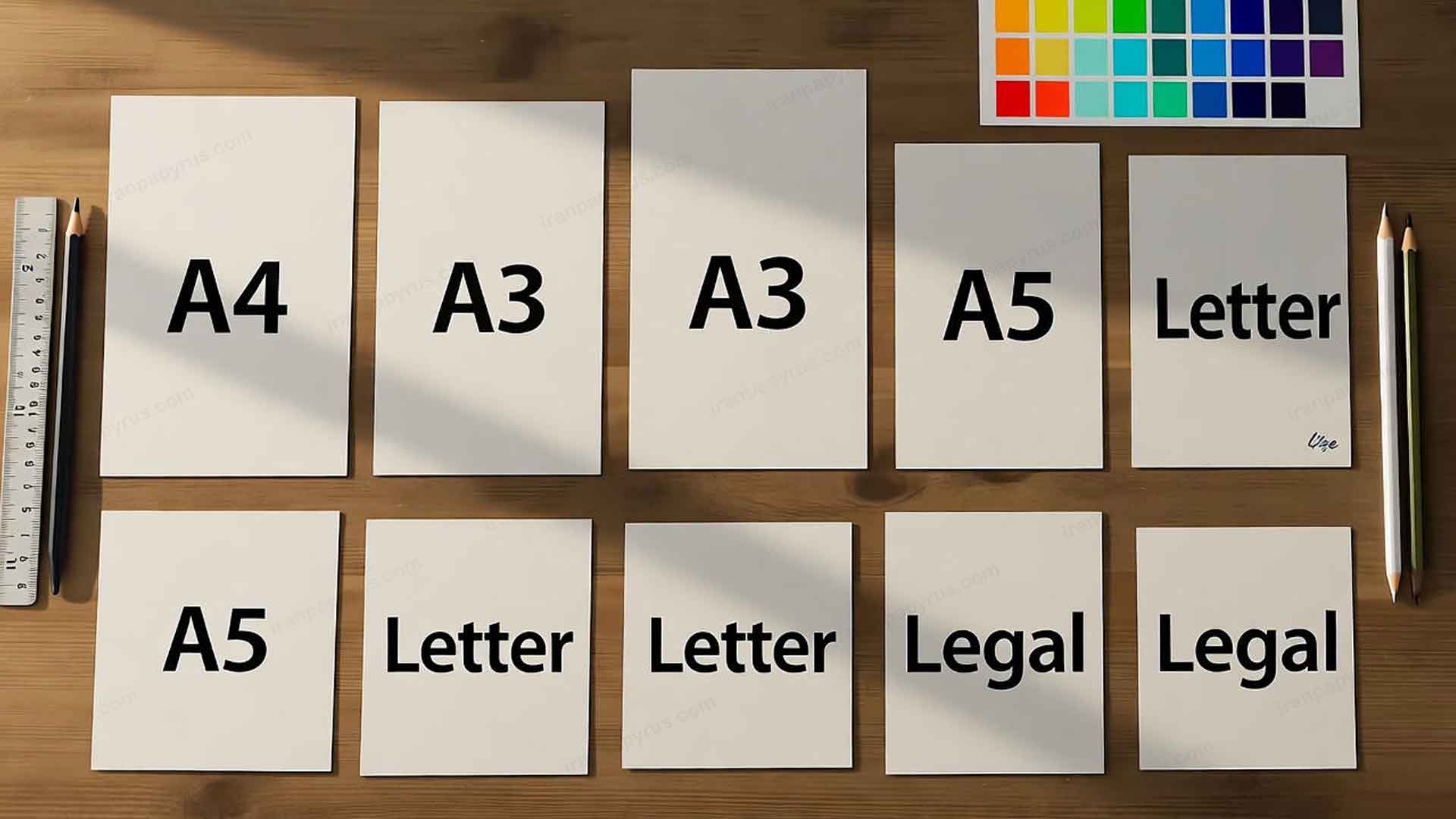 تصویر انواع کاغذ چاپ بر اساس اندازه A4، A3، A5 و سایر ابعاد روی میز چوبی