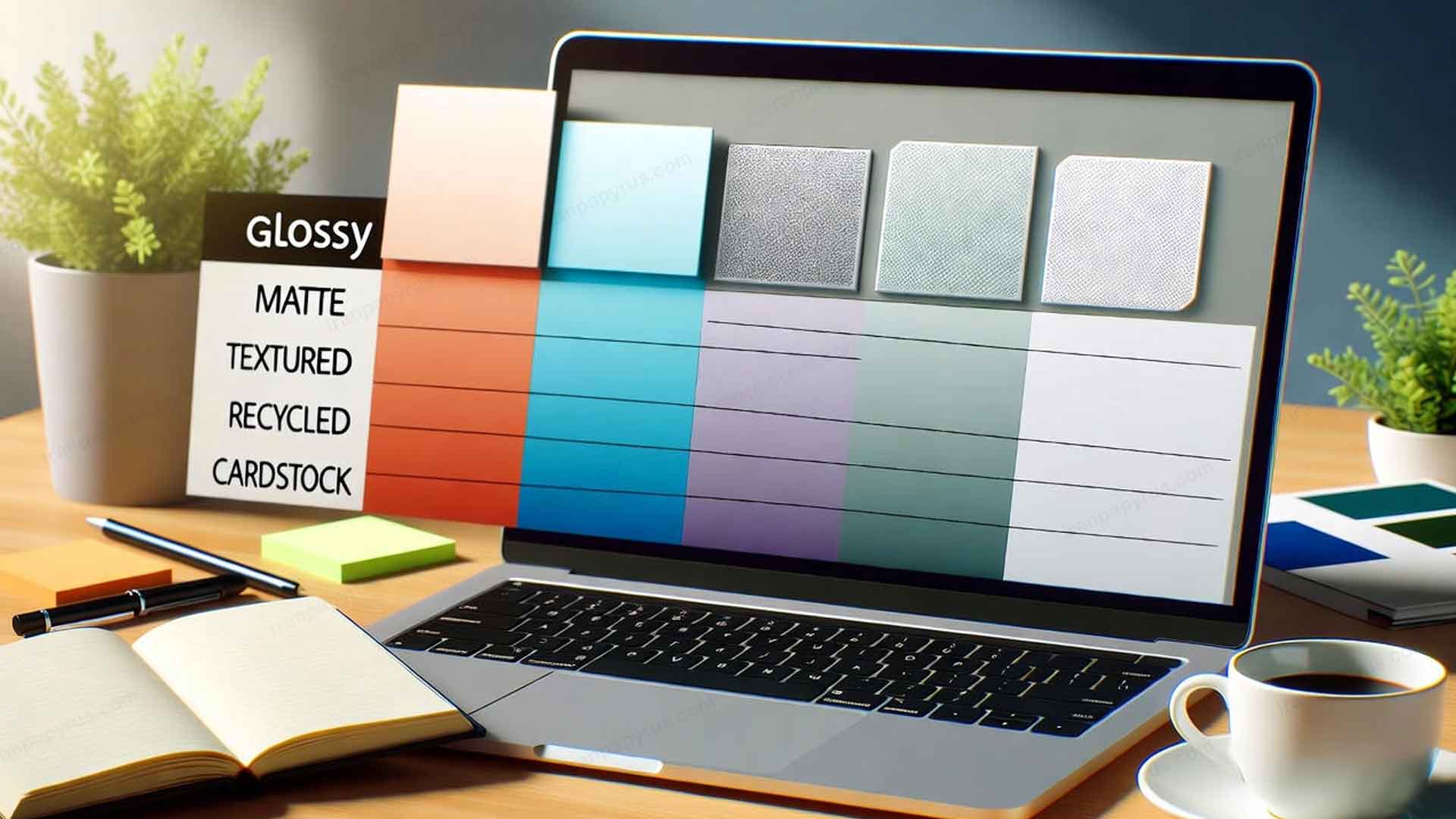 تصویر میز کاری با دفترچه باز، خودکار، لپ‌تاپ که جدول مقایسه انواع کاغذ چاپ را نشان می‌دهد، فنجان قهوه و المان‌های کوچک برای نمایش مفهوم