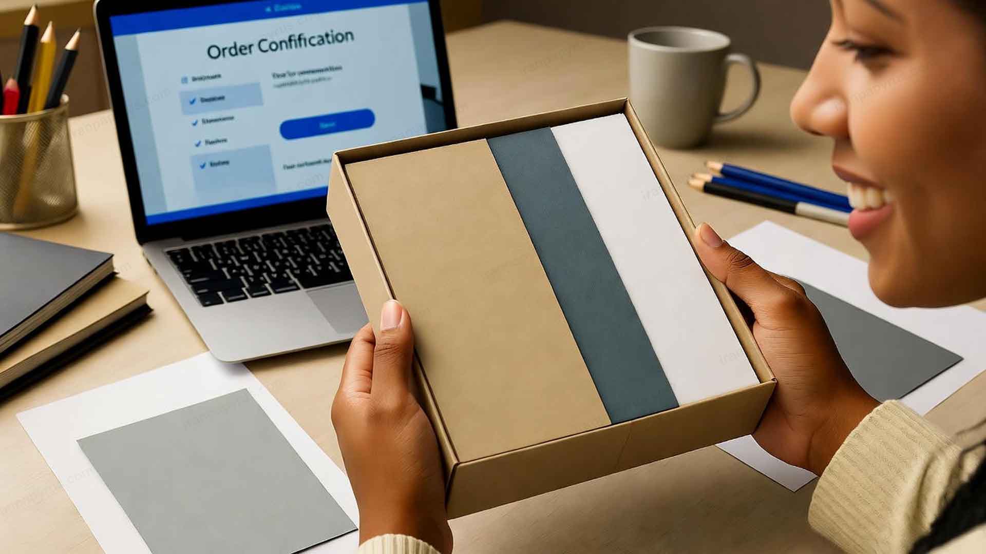 فردی با لبخند در حال باز کردن بسته کاغذ باکیفیت سفارش داده‌شده از اینترنت روی میز کار است.