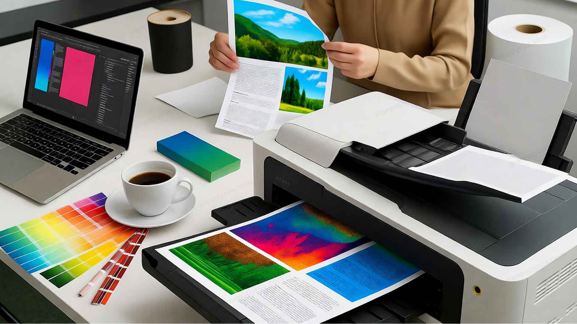 مردی در حال بررسی کاغذهای مخصوص پرینتر و چاپ دیجیتال کنار دستگاه پرینتر در محیط کاری حرفه‌ای.
