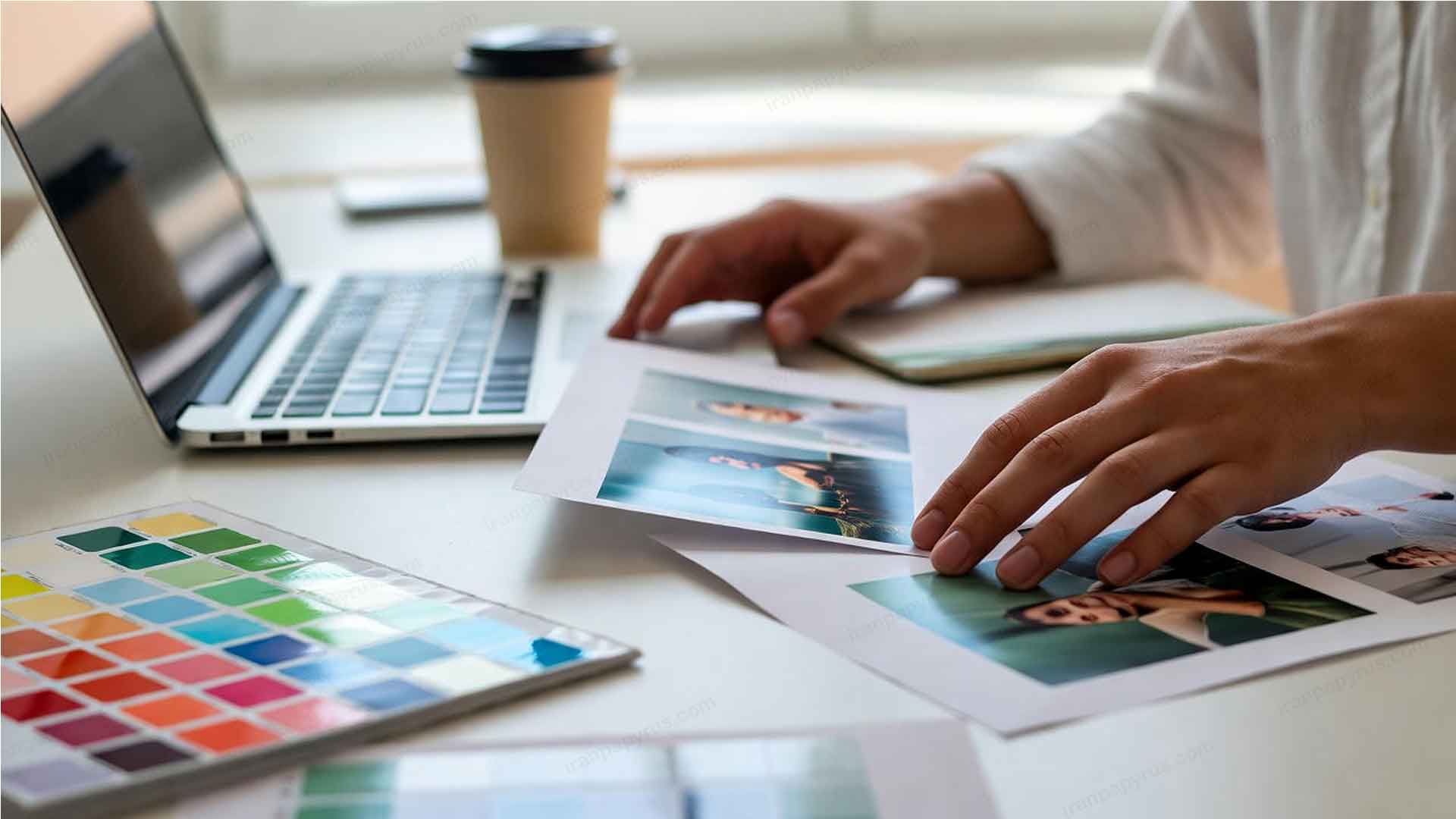 مردی در حال بررسی نمونه‌های کاغذ گلاسه براق روی میز کار، در فضایی روشن و حرفه‌ای