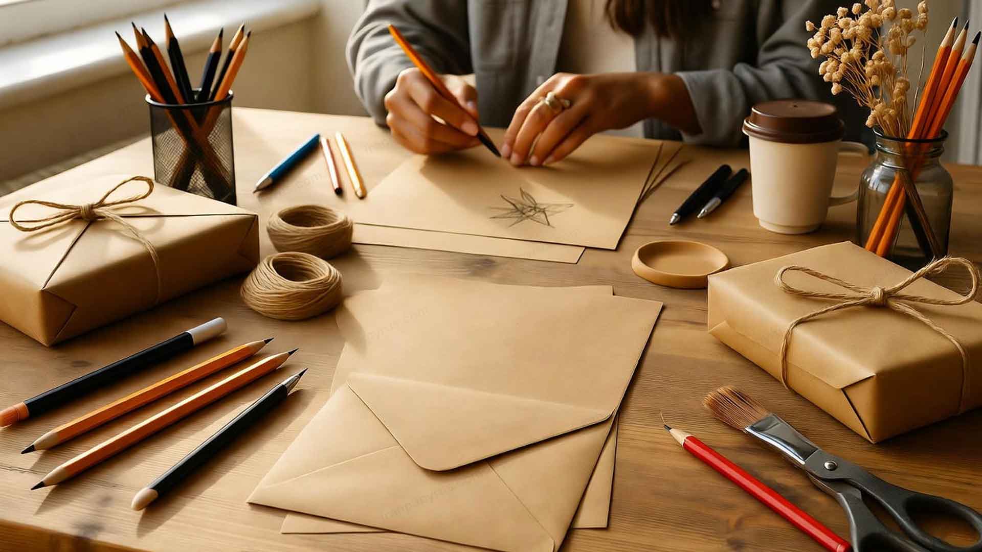 شخصی در حال بررسی کاغذ کرافت قهوه‌ای رنگ با بافت طبیعی روی میز چوبی در یک فضای کاری مینیمال و گرم