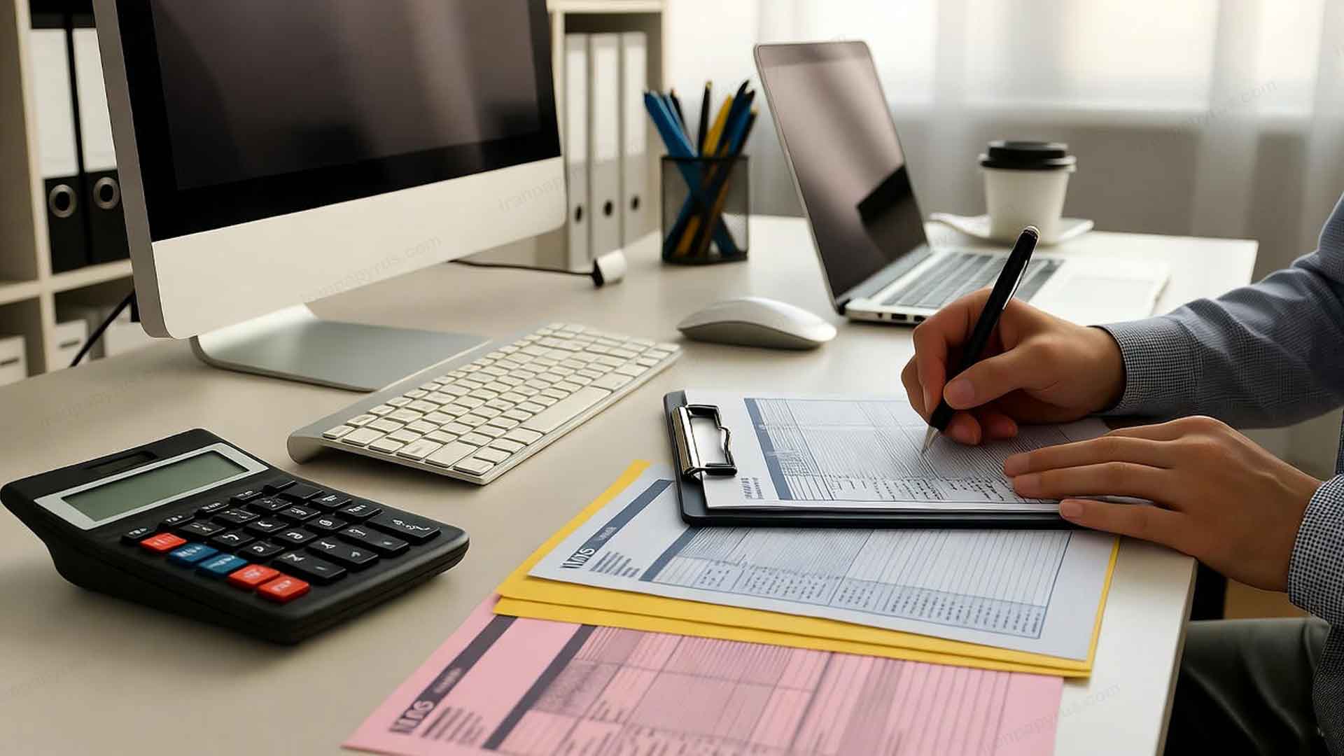 مردی در حال بررسی برگه‌های چند لایه کاغذ کاربن‌لس (NCR) در محیط کاری مرتب و حرفه‌ای.