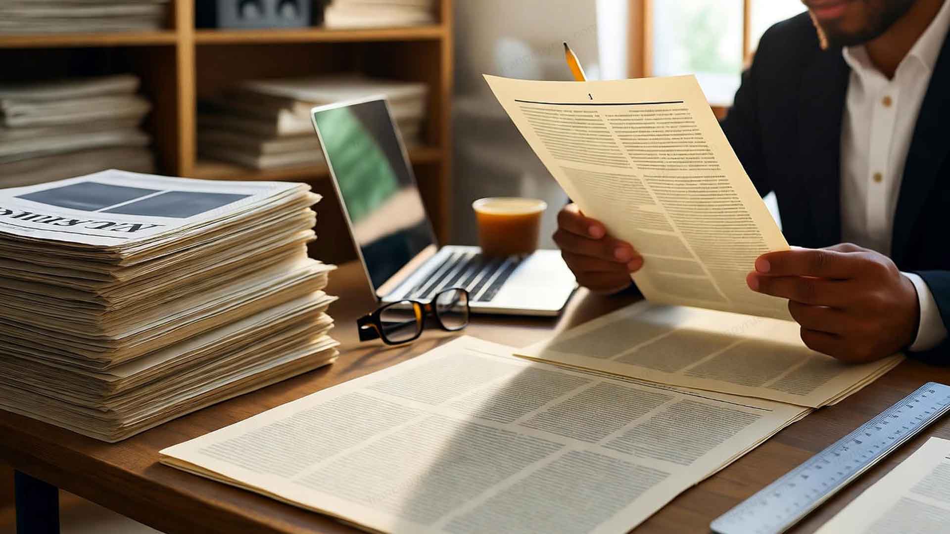 مردی در حال بررسی کاغذ روزنامه با بافت سبک و نازک در محیط کاری ساده و حرفه‌ای.