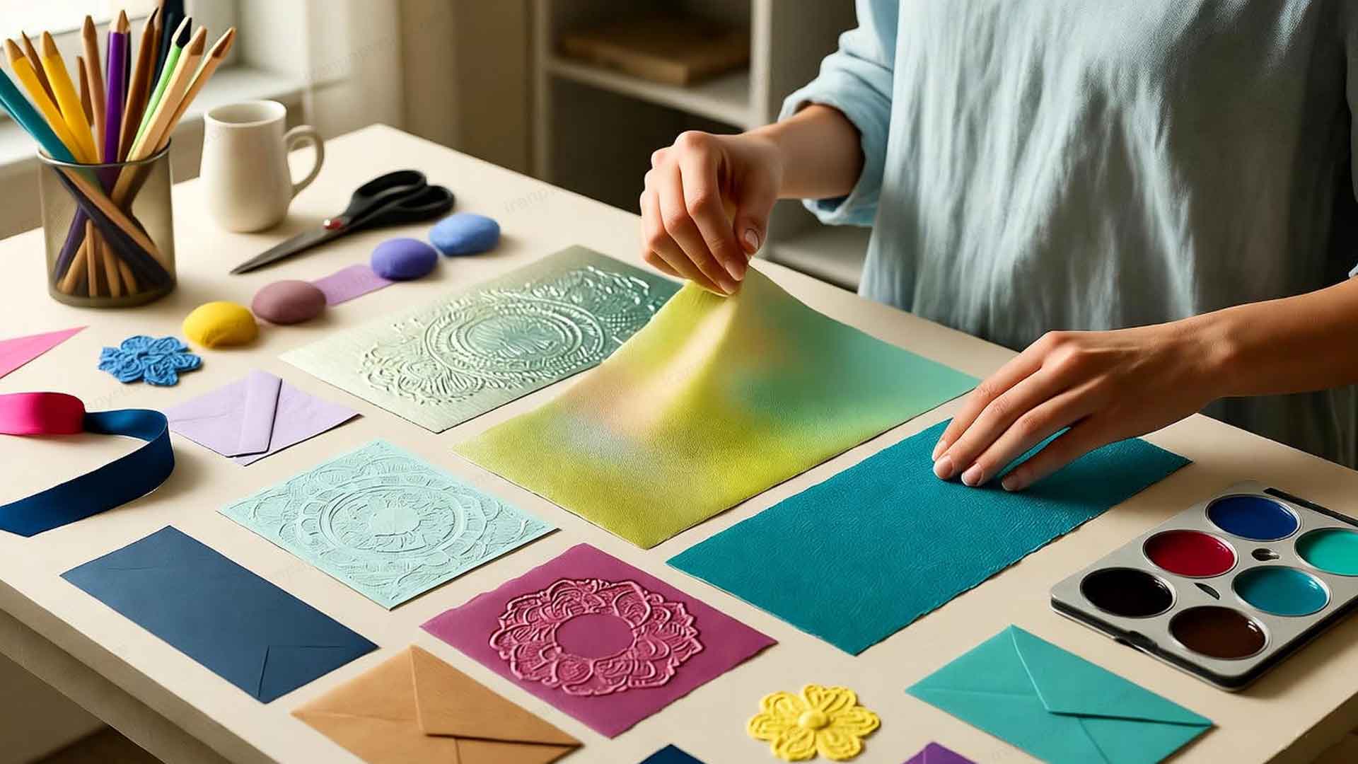 زنی در حال انتخاب و بررسی کاغذهای فانتزی و بافت‌دار رنگی در یک فضای کاری هنری و شیک.