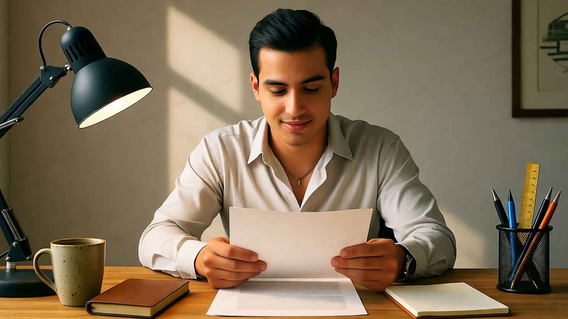 مردی جوان در یک فضای کاری مینیمال و گرم، در حال بررسی کاغذ تحریر سفید روی میز چوبی است.
