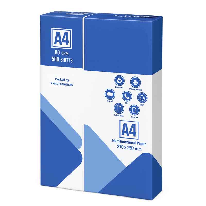 تصویر پشت بسته‌بندی کاغذ A4 کی ام پی مدل Multipurpose Paper 500 عددی 80 گرم با اطلاعات فنی، بارکد و گواهی ISO